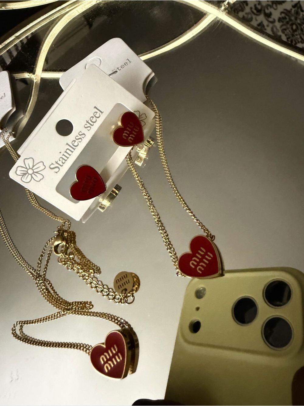 Miu Miu Gold-tone Necklace and Earrings with Red Heart Enamel Charms